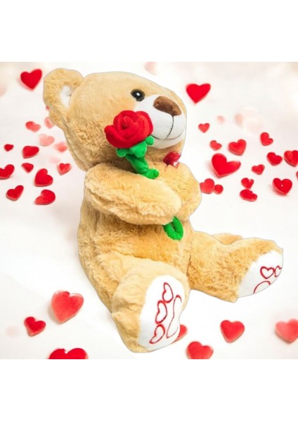 Sevgiliye Hediye Elinde Gül Tutan Romantik Peluş Ayıcık Sevgililer Günü Hediyesi 35 Cm)