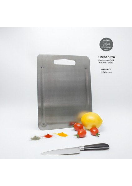 KitchenPro Paslanmaz Çelik Kesme Tahtası (Orta Boy - 26 x 34 cm)