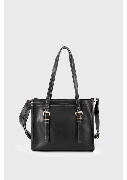 Kadın Siyah Suni Deri Dikiş Detaylı Mini Tote Çanta