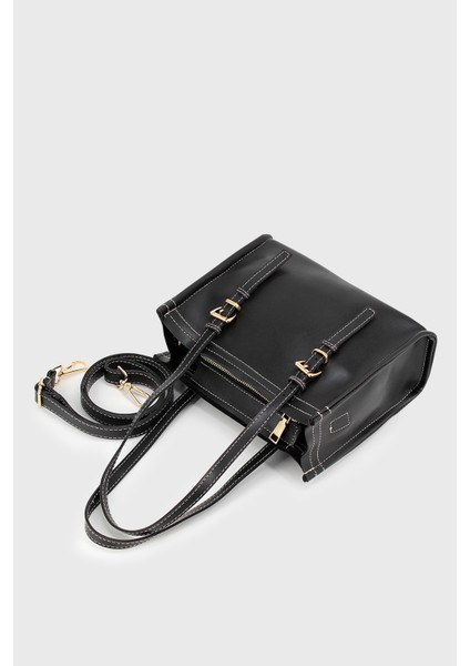 Kadın Siyah Suni Deri Dikiş Detaylı Mini Tote Çanta