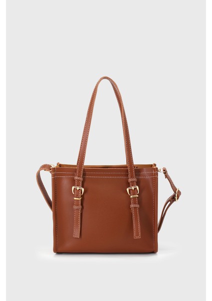 Kadın Taba Suni Deri Dikiş Detaylı Mini Tote Çanta