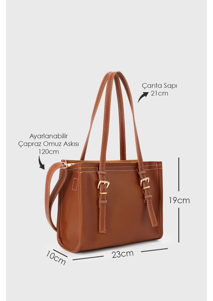 Kadın Taba Suni Deri Dikiş Detaylı Mini Tote Çanta