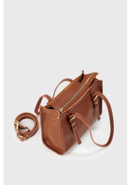 Kadın Taba Suni Deri Dikiş Detaylı Mini Tote Çanta