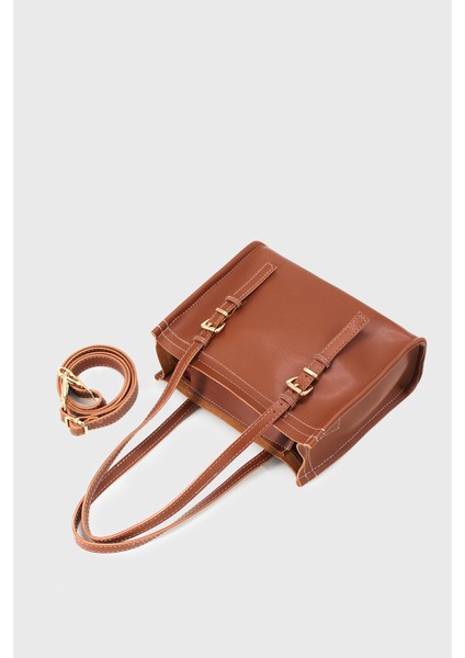 Kadın Taba Suni Deri Dikiş Detaylı Mini Tote Çanta