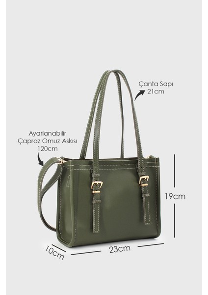 Kadın Haki Suni Deri Dikiş Detaylı Mini Tote Çanta