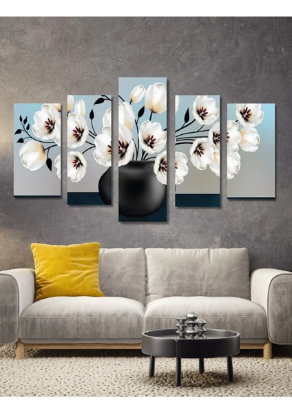 5 Parça Ahşap Beyaz Çiçekler Duvar Dekoru - Salon Oturma Yatak Odası Ofis Için 110X60 cm Tablo Seti