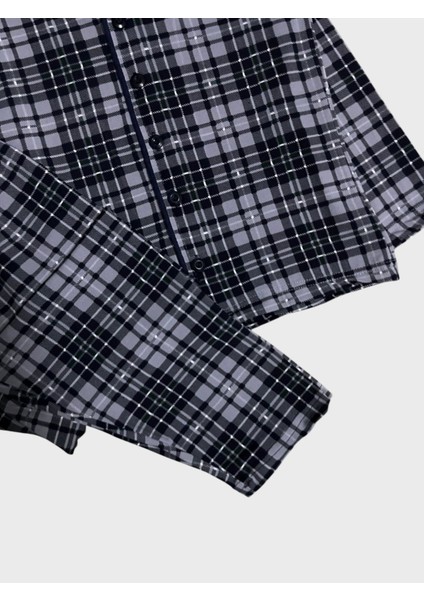 Erkek Çocuk Pamuklu Gri Ekose Kumaş Gömlek Yaka Boydan Düğmeli Mevsimlik Pijama Takımı fiyatları