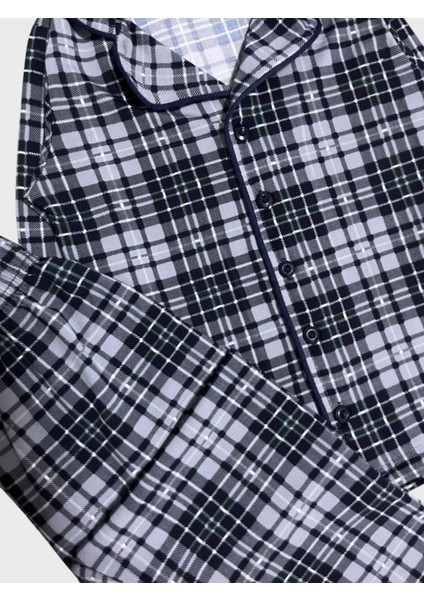 Erkek Çocuk Pamuklu Gri Ekose Kumaş Gömlek Yaka Boydan Düğmeli Mevsimlik Pijama Takımı modelleri