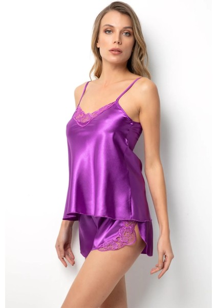 Faryanight Saten Dantel Detaylı Yırtmaçlı Ip Askılı Şort Takım