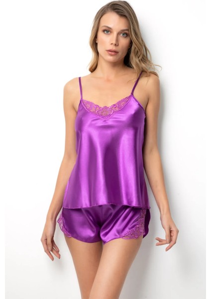 Faryanight Saten Dantel Detaylı Yırtmaçlı Ip Askılı Şort Takım