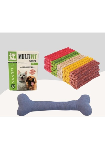 Ödül Çubuğu 500gr + Multivitamin + Yumuşak Oyuncak Mavi Ekose