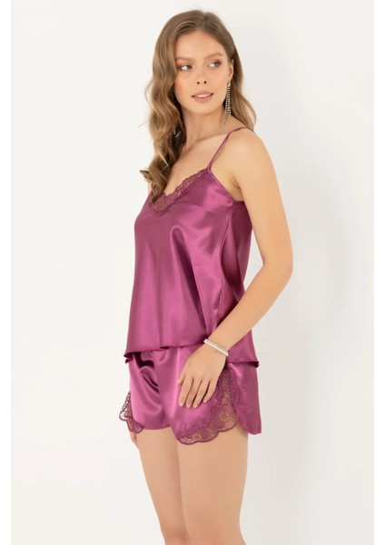 Faryanight Saten Dantel Detaylı Yırtmaçlı Ip Askılı Şort Takım