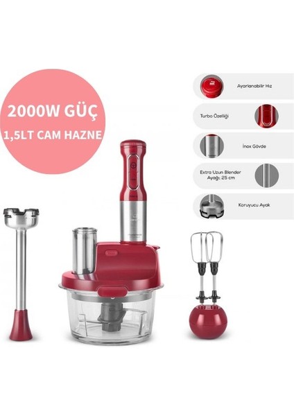 1,5 Lt Cam Hazneli Inox Gövde 2000W Turbolu , 4 Kanatlı Çelik Bıçak Mutfak Robotu & Blender Seti + Mutfak Tartısı