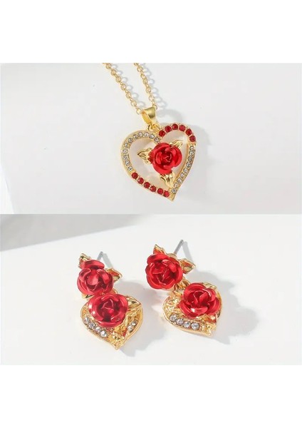 Elegance 3 Parça Altın Kalp & Gül Kolye ve Küpe Seti 18K Altın Kaplama