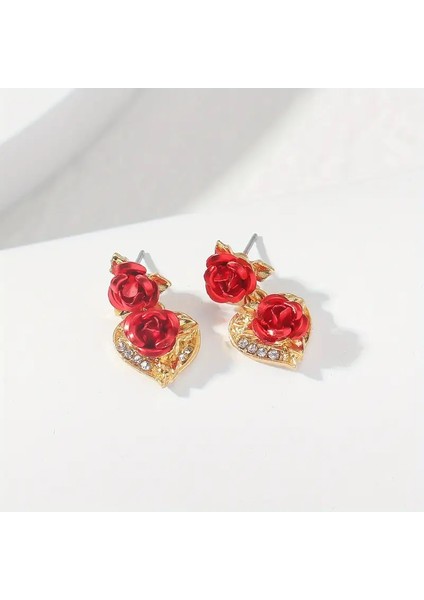 Elegance 3 Parça Altın Kalp & Gül Kolye ve Küpe Seti 18K Altın Kaplama