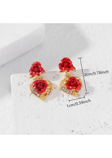 Elegance 3 Parça Altın Kalp & Gül Kolye ve Küpe Seti 18K Altın Kaplama