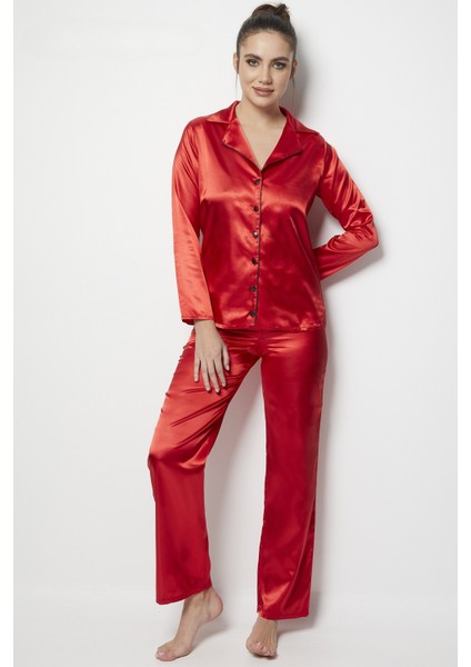 Faryanight Saten Uzun Kollu Düğmeli Gömlek Pijama Takımı
