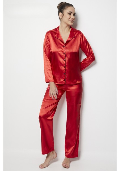 Faryanight Saten Uzun Kollu Düğmeli Gömlek Pijama Takımı