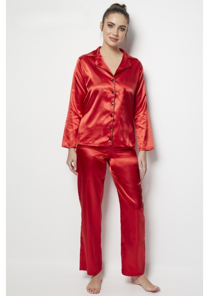 Faryanight Saten Uzun Kollu Düğmeli Gömlek Pijama Takımı