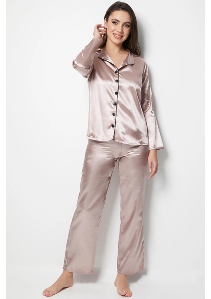 Faryanight Saten Uzun Kollu Düğmeli Gömlek Pijama Takımı