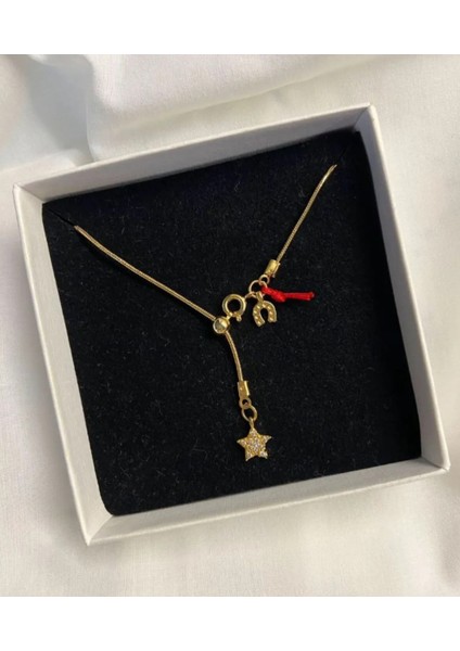 Collection Taşlı Yıldız ve Nal Altın Kaplama Çelik Gold Asansör Kolye Sevgililer Günü Özel