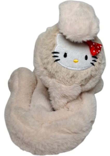Kız Çocuk Bej Renk Hello Kitty Figürlü Pompalı ve Sesli Oynar Kulak Kışlık Peluş Kulaklık