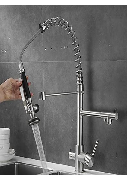 Endüstriyel Mutfak Bataryası Arıtmalı Mutfak Musluğu Yaylı Pirinç Döner 3in1 Mutfak Lavabo Musluğu