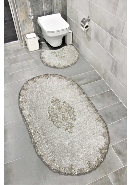 Milas Kaymaz Taban,emici 3'lü Süper Lüks Oval Banyo Paspası Seti