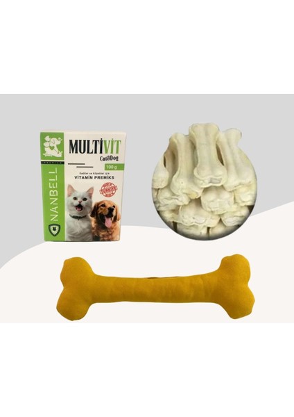 12cm Beyaz Çiğneme Kemiği 5li + Multivitamin + Yumuşak Oyuncak Sarı