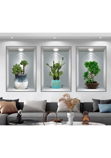 Pratik 3D Çiçek Vazo Duvar Sticker 3 Lü Set Gri Fon fiyatları