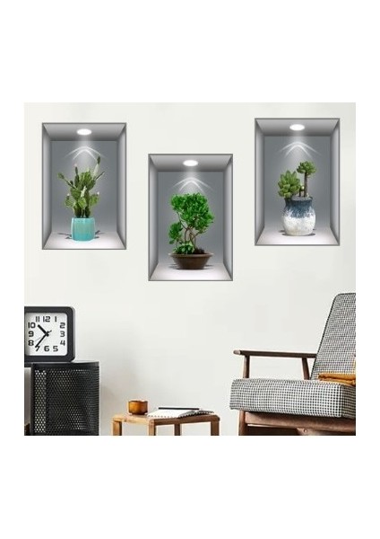 3D Çiçek Vazo Duvar Sticker 3 Lü Set Gri Fon