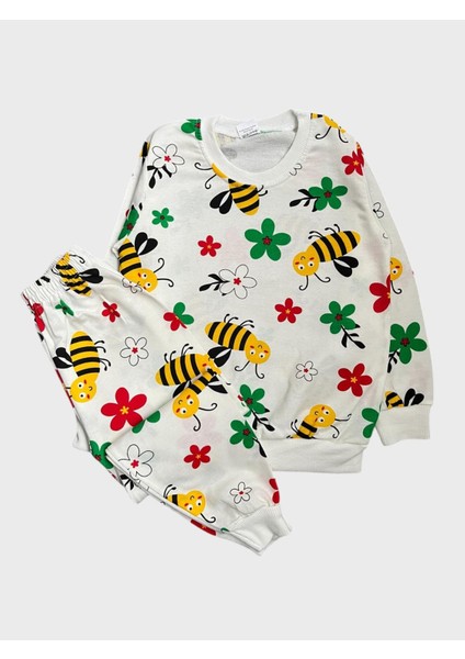 Kız Çocuk Pamuklu Beyaz Arı Çiçek Desenli Uzun Kollu Mevsimlik Pijama Takımı