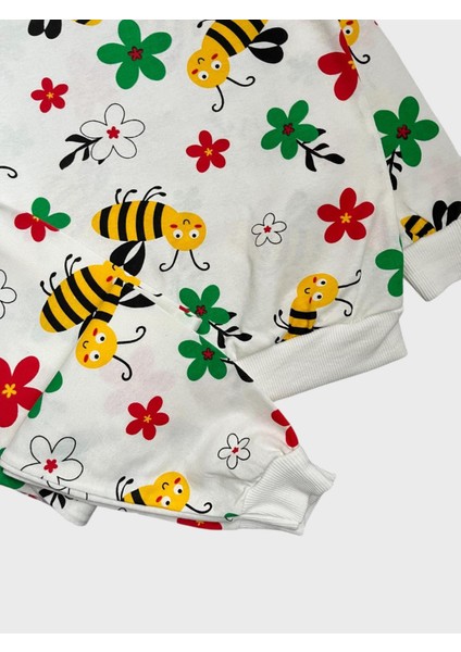 Kız Çocuk Pamuklu Beyaz Arı Çiçek Desenli Uzun Kollu Mevsimlik Pijama Takımı