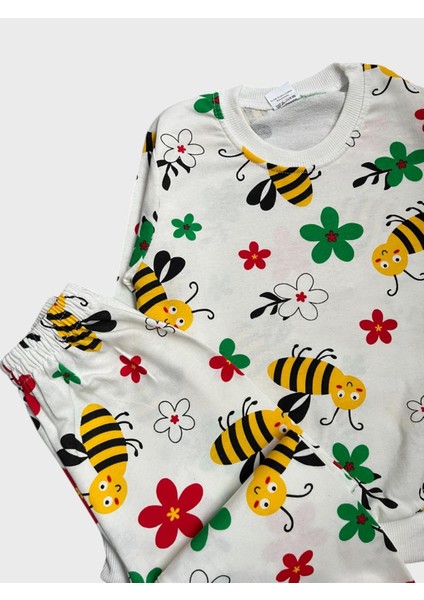 Kız Çocuk Pamuklu Beyaz Arı Çiçek Desenli Uzun Kollu Mevsimlik Pijama Takımı