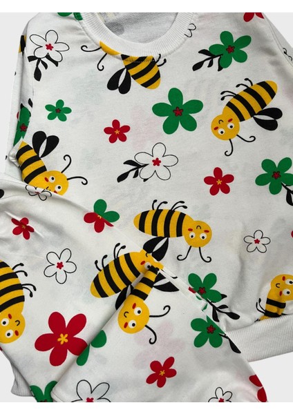 Kız Çocuk Pamuklu Beyaz Arı Çiçek Desenli Uzun Kollu Mevsimlik Pijama Takımı