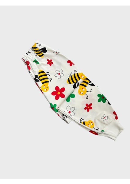 Kız Çocuk Pamuklu Beyaz Arı Çiçek Desenli Uzun Kollu Mevsimlik Pijama Takımı