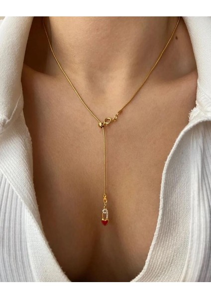 Collection Kırmızı Kalpli Anahtar Altın Kaplama Gold Çellik Asansör Sevgililer Günü Özel Kolye
