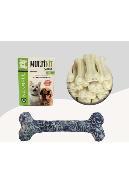12cm Beyaz Çiğneme Kemiği 5li + Multivitamin + Yumuşak Oyuncak Mavi Desenli