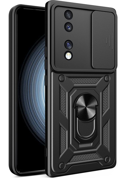 Honor 70 Uyumlu Kılıf Magnetik Standlı Kamera Korumalı Sürgülü Vega Kapak-Siyah