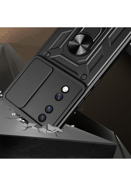 Honor 70 Uyumlu Kılıf Magnetik Standlı Kamera Korumalı Sürgülü Vega Kapak-Siyah