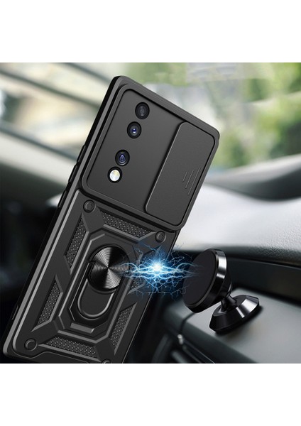 Honor 70 Uyumlu Kılıf Magnetik Standlı Kamera Korumalı Sürgülü Vega Kapak-Siyah