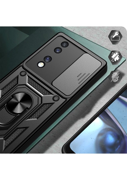 Honor 70 Uyumlu Kılıf Magnetik Standlı Kamera Korumalı Sürgülü Vega Kapak-Siyah
