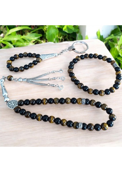 Bileklik - Doğal Taş Tesbih - Doğal Taş Anahtarlık - Zaza Tesbih - Oniks Kaplan Gözü Taşı Seti modelleri