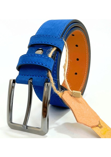 Parscraft Parscraft Nubuk Deri Erkek Kemer 4 cm Lacivert Kot Kumaş Spor Kemer