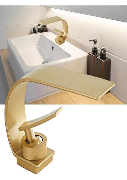 Şelale Banyo Bataryası Seramik Valf Tek Kollu Modern Stil Pirinç Mikser Musluk Gold Lavabo Bataryası