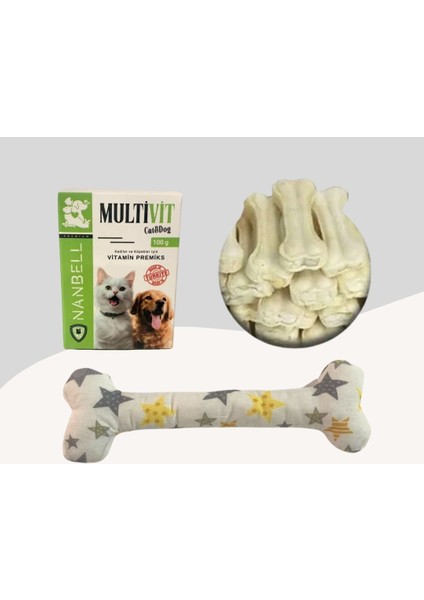 12cm Beyaz Çiğneme Kemiği 5li + Multivitamin + Yumuşak Oyuncak Beyaz Desenli