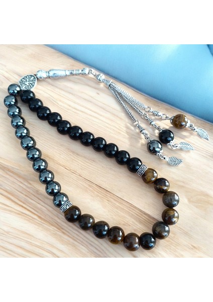 Kaplan Gözü Hematit Oniks Taşı Tesbih 33'lük Tesbih Sertifikalı Özel Mdf Kutu -Doğal Taş Tesbih 10 mm