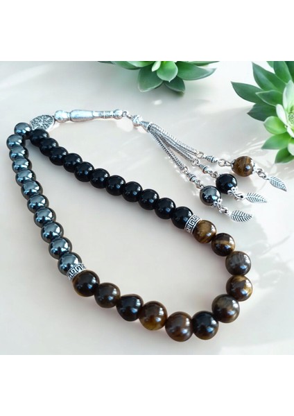 Kaplan Gözü Hematit Oniks Taşı Tesbih 33'lük Tesbih Sertifikalı Özel Mdf Kutu -Doğal Taş Tesbih 10 mm modelleri