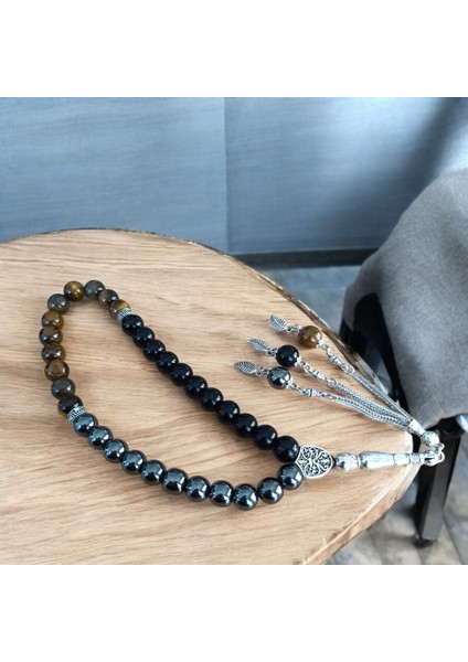 Kaplan Gözü Hematit Oniks Taşı Tesbih 33'lük Tesbih Sertifikalı Özel Mdf Kutu -Doğal Taş Tesbih 10 mm fırsatları