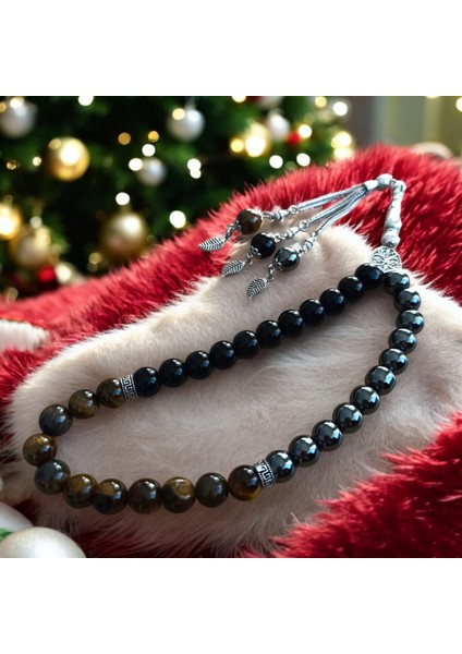 Kaplan Gözü Hematit Oniks Taşı Tesbih 33'lük Tesbih Sertifikalı Özel Mdf Kutu -Doğal Taş Tesbih 10 mm indirimleri